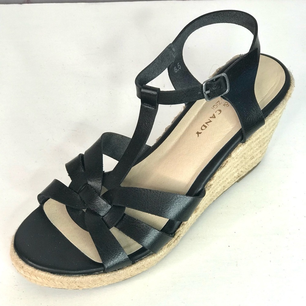 ROCK & CANDY Fola Espadrille Jute Wrapped Wedge Sandals 8.5 Black faux leather - Picture 4 of 16